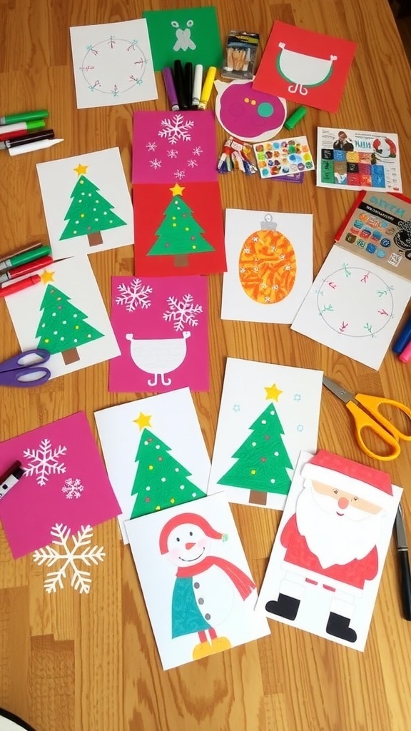Handmade Christmas cards with festive designs on a crafting table.